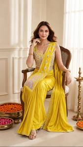 Sari de Seda Crepé Premium Amarillo Bordado con Diseño de Pallu Estampado para Bodas y Fiestas Indias, Ropa Étnica Femenina - Product Image 3