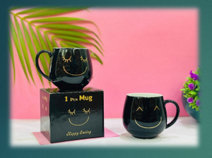 Black Ceramic Coffee <b>Mug</b> with Gold for Face Design Cute Cartoon Style Microwave Safe Dishwasher Safe Gift <b>Box</b> - Product Image 4