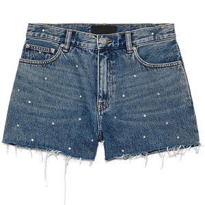Allover Rhinestones Custom mujer Vintage Blue Denim Shorts con Rhinestones Hem Streetwear OEM - Product Image 1