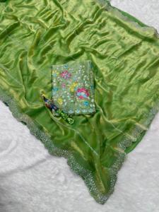 Sari de seda Fandy con cuentas y trabajo Magam, diseño de diseñador para fiestas y bodas, con blusa de seda Fandy con trabajo Saroski. - Product Image 3