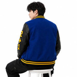 Veste de style universitaire bleu et jaune pour homme, manches en cuir PU, patch brodé, col rabattu, coupe classique, style preppy - Product Image 4
