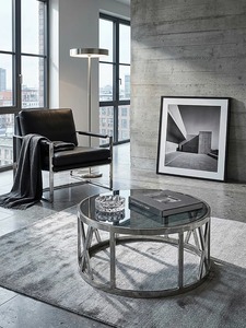 Mesa de Centro Redonda Moderna con Tapa de Vidrio Templado y Estructura Metálica, Mueble Decorativo para Sala de Estar de Diseño Contemporáneo - Product Image 6