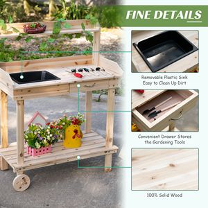 Banco da Lavoro in Legno Naturale con Ampio Spazio di Stoccaggio, Ruote e Cassetto con Lavello, Panca da Giardino - Product Image 5