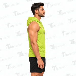 Camiseta sin mangas con capucha para hombre, color verde lima, de secado rápido, poliéster, deportiva, con logo impreso en la parte delantera, transpirable. - Product Image 3