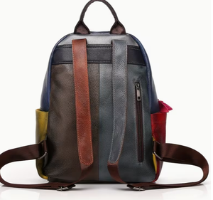 Color Blocked Leather Backpack Multi Color Patchwork Design Men Women Travel Backpack multi pocket leather backpack for daily us - Product Image 2