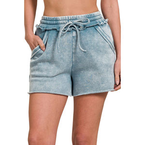 Shorts pour femmes de haute qualité, délavés à l'acide, à manches courtes, séchage rapide, respirants, en coton/polyester, personnalisables, fournisseur en gros - Product Image 1