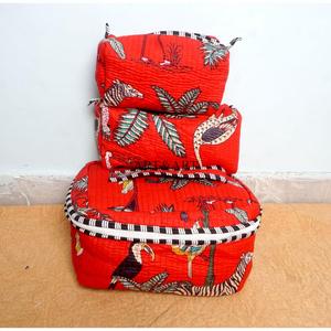 Red beautiful 3-Piece Large Capacity Hand Block Printed Cotton Vanity Set Zipper Washable Bag Durable Reusable Travel for Bags - Product Image 3