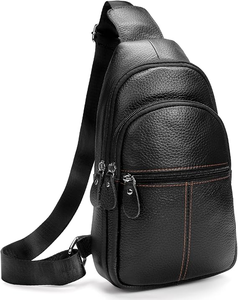 Genuine Leather Black <b>Sling</b> Chest Bag for Women Large Capacity Crossbody Bag with Double Pockets Practical Lined Compartments - Product Image 5