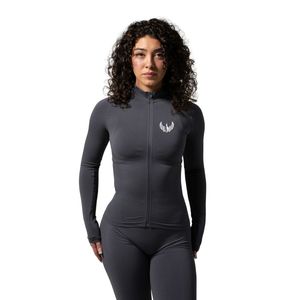 Women's Dark Gray Full Zip Performance <b>Jacket</b> Long Sleeve Breathable Stretch Gym Running <b>Workout</b> Fitness Activewear <b>Jacket</b> - Product Image 1