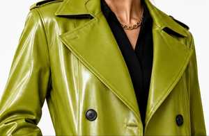 Manteau trench en similicuir vert, col rabattu, ceinture boutonnée - Product Image 3