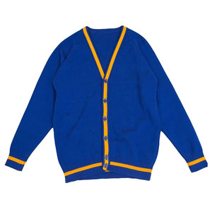 เสื้อคาร์ดิแกนถักไหมพรมคอวีสีน้ำเงินสำหรับผู้หญิง แต่งขอบสีเหลือง แขนยาว สวมใส่สบาย ไม่เป็นขุย ผลิตจากอะคริลิก เหมาะสำหรับใส่ในฤดูใบไม้ร่วง - Product Image 1