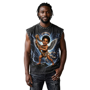 Débardeur en coton personnalisé, effet délavé vintage, clouté, épais, avec imprimé graphique Angel Harp, à épaules tombantes, sans manches, style streetwear - Product Image 2