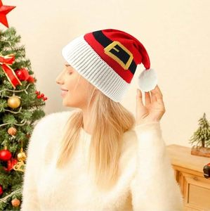 Unisex Knitted Beanie <b>Hat</b> Red With Black Stripe And <b>White</b> Pom Pom Winter Warm Cap For Adults Party Wear - Product Image 6