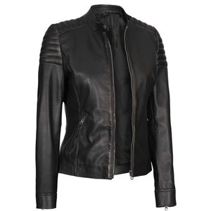 Women's Black Slim Fit Cafe Racer Leather <b>Jacket</b> - Genuine Lambskin Padded Shoulder Biker <b>Jacket</b> with Mandarin Collar - Product Image 5