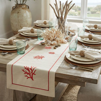 Nappe de table en coton beige personnalisée en gros, brodée corail rouge, lavable et durable pour mariages et événements à domicile