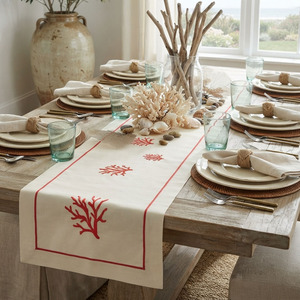 Nappe de table en coton beige personnalisée en gros, brodée corail rouge, lavable et durable pour mariages et événements à domicile - Product Image 1