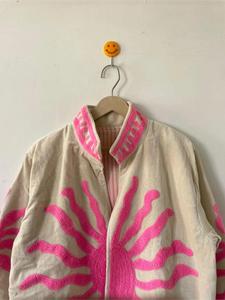 bohemian White <b>Velvet</b> Suzani <b>Jacket</b> With Pink Sun Embroidery Pattern Full Sleeve Stand Collar Bohemian <b>Women's</b> Autumn Outerwear - Product Image 4