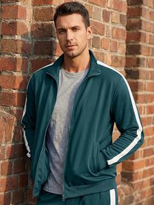 Ensemble de survêtement vert foncé pour homme, manches longues, fermeture éclair, vêtements de sport respirants en polyester, tenue décontractée deux pièces pour l'automne - Product Image 5
