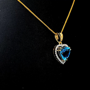 Designer heart shaped <b>blue</b> gemstone pendant with sparkling halo stones elegant luxury <b>necklace</b> jewelry collection for women - Product Image 4