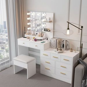 Escritorio de Maquillaje con Luz LED Grande y 10 Bombillas, Mesa de Maquillaje con Estación de Carga, Espejo de Vanidad Elegante - Product Image 2
