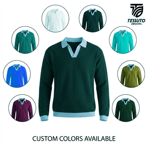 เสื้อโปโลถักแขนยาวคอปกตัดสีสำหรับผู้ชาย ขายส่ง เสื้อสเวตเตอร์คอวีลำลองแบบสั่งทำ เสื้อผ้าสำเร็จรูป ผู้ผลิต OEM - Product Image 4