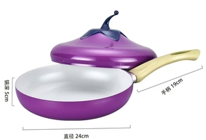 Ensemble de poêles antiadhésives en forme d'aubergine, diamètre 24 cm, avec couvercle, revêtement céramique, couleur violette, poignée en plastique - Product Image 1