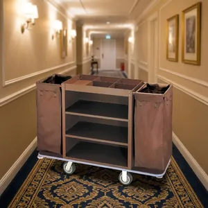 Chariot de ménage marron robuste pour hôtels, centres de villégiature et hôtellerie, avec rangement - Product Image 4
