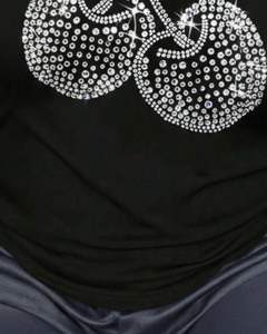 Camiseta Personalizada Negra para Mujer con Pedrería de Cereza, Manga Corta, Informal, de Verano, Mezcla de Algodón, con Estampado Gráfico, OEM, Top de Moda para Dama - Product Image 6