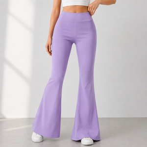 High Waist Flare <b>Pants</b> Women Solid Color Knitted Full Length Elastic Waist Casual Summer Purple Spandex Polyester <b>Pants</b> - Product Image 1
