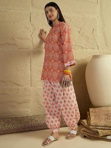 Women's Classic <b>Linen</b> Ethnic Wear Short Kurti with Farshi Pants - Product Image 2