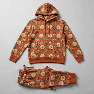 Conjunto Deportivo Unisex NEXTEX Dahlia Floral en Color Terracota, Crema y Rojo Ruginoso, Sudadera con Capucha y Pantalones de Felpa Suave de Algodón - Product Image 1