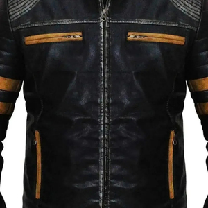 Blouson moto en cuir noir pour homme, col montant, fermeture éclair avant, coupe ajustée, pour l'automne, manches classiques, couleur unie, style motard - Product Image 4