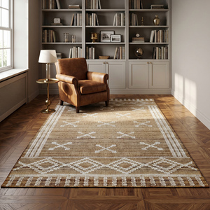 Tapis moderne en jute tissé à la main, marron naturel, crème, motif géométrique losanges, texturé, antidérapant, épais, pour salon et chambre - Product Image 2