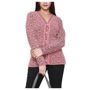 Women's Pink Solid Knitted Breathable Candy Color Cardigan V-Neck Regular Sleeve Casual Winter Wear <b>Covered</b> <b>Button</b> Embroidery - Product Image 1