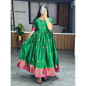 TREANDING ALGODÓN SEDA TEJIDO BORDE TRABAJO LISTO PARA LLEVAR VESTIDO VERDE - Product Image 1