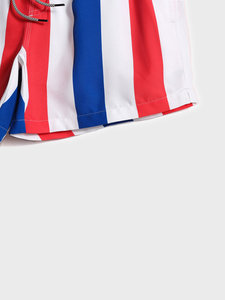 Shorts de Baño para Hombre, de Secado Rápido, con Rayas Rojas, Blancas y Azules, Cintura Media, Cordón Ajustable, Estampado por Sublimación - Product Image 5