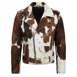 Unisex Cowhide Leather Biker <b>Jacket</b> Brown White Moto Coat with Belt and Zipper Front Pocket <b>Winter</b> Wear <b>Waterproof</b> - Product Image 1