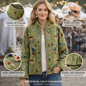 Chaqueta de Algodón con Bordado Floral Kashmiri Hecha a Mano por Artesanos, Cuello Alto, Estilo Boho, Chaqueta Bomber para Mujer - Product Image 4