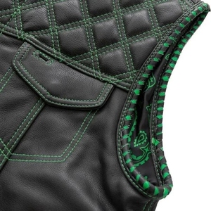 Custom Breathable Waterproof Winter Leather Biker Vest <b>Green</b> Stitching Premium Motorcycle Vest <b>Mens</b> Quilted <b>Waistcoat</b> OEM ODM - Product Image 2