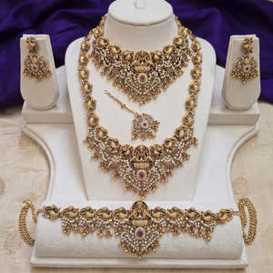 Lakshmi Gold Plated <b>Pearl</b> Bridal Necklace and Earring <b>Set</b> - Product Image 1
