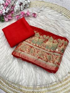 Designer Real Mirror Work With Piping Marshmallow <b>Brasso</b> Saree Paired With Banglori Unstitched Blouse Piece - Product Image 1