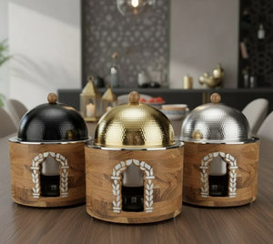 Support extérieur en bois avec travail MOP, design exclusif, chauffe-plat tendance pour buffet, usage domestique, hôtelier et pour service de fête - Product Image 5