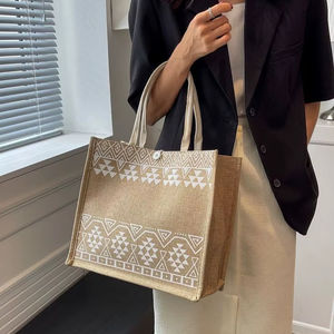 Wholesale Jute Tote Bag Printed Geometric <b>Burlap</b> Shopper Reusable Grocery Holder Button Closure Eco Friendly Women Shoulder Sack - Product Image 1