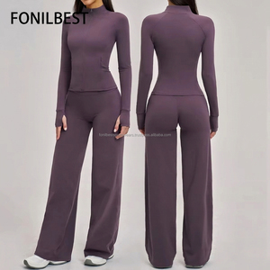 Ensemble de yoga pour femme FONILBEST – Haut dos nageur à col carré et pantalon long taille mi-haute de couleur unie, respirant en Spandex/Nylon - Product Image 1