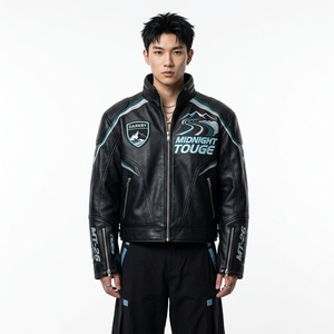 Chaqueta de Motociclista Personalizada para Hombre, con Gráficos, Cuello Alto, Estilo Automovilístico, de Cuero Genuino, Bordada, para Motociclismo - Product Image 1