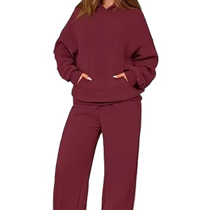Ensemble de survêtement d'hiver décontracté pour femme, couleur unie, 2 pièces, écologique, 65% coton molletonné, coupe régulière, pantalon large, à capuche - Product Image 6