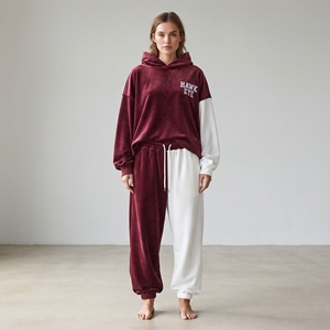 Conjunto Deportivo de Terciopelo para Mujer, Dos Tonos, Sudadera Holgada con Hombros Caídos, Manga Larga, Puños Acanalados, Cordón Ajustable, Pantalones Deportivos en Contraste Blanco y Marrón - Product Image 5