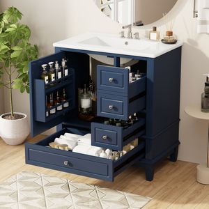 Mobile da Bagno Blu da 30 Pollici con Lavabo, Una Porta e Ripiano, Tre Cassetti con Chiusura Ammortizzata - Product Image 5