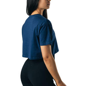 Women <b>Navy</b> Blue Cropped T-Shirt Short Sleeve Crew Neck Loose Fit Solid Color Casual Jersey <b>Top</b> Spring Summer Wear - Product Image 3