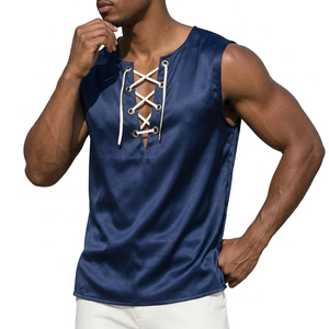 B2B Wholesale Men's Satin Sleeveless <b>Tops</b> V-Neck Lace Up Summer Beach Shirts Custom OEM Clothing Bulk Order Tank <b>Tops</b> For Men - Product Image 1